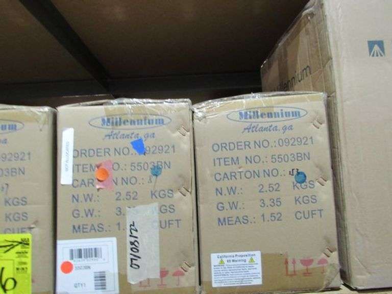 LOT OF APPROX. (10) BOXES : (6) BOXES MILLENNIUM LIGHTING 5503BN VANITY LIGHTS, (1) MILLENNIUM LIGHTING 2003BN, (2) MILLENNIUM LIGHTING 2704-CH, (1) MILLENNIUM LIGHTING 8144MB PENDANT