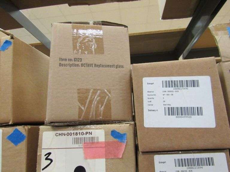 LOT OF APPROX. (18) BOXES OF ASSORTED GLASS REPLACEMENT ITEMS, ETC.