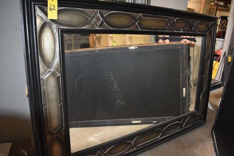 FRAMED BEVELED MIRROR  AS SHOWN - APPROX. 90" X 60" *DAMAGE TO FRAME*