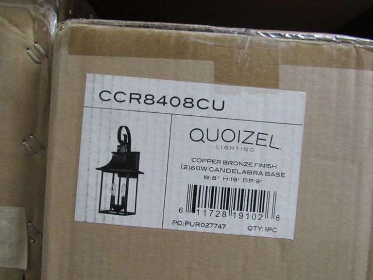 LOT, (7) ASSORTED QUOIZEL PRODUCTS - (1) CCR8408CU, (2) 4-LIGHT PRUS8636BN, (1) 3-LIGHT PRUS8626MBK, (1) PENDANT AND (2) GLASS BOXES
