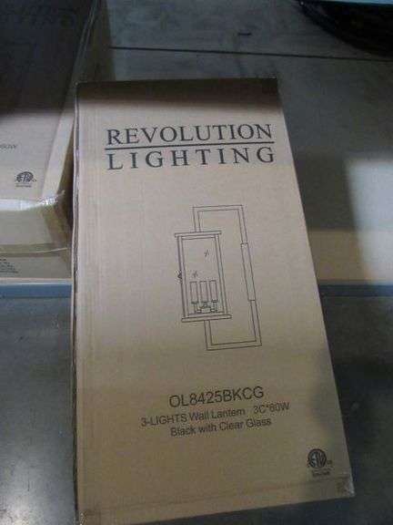LOT OF APPROX. (4) BOXES, REVOLUTION LIGHTING 3-LIGHT WALL LANTERN, C3 60W BLACK W/CLEAR GLASS