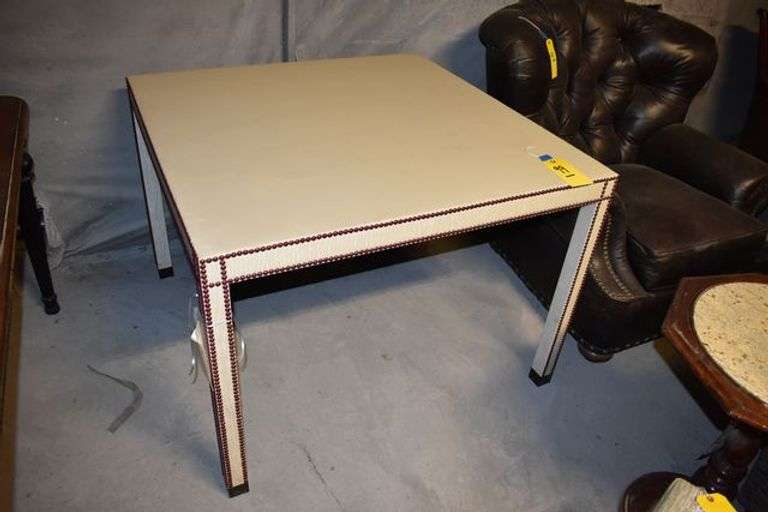 VINYL COVERED TABLE WITH NAIL HEAD DÉCOR - APPROX. 42" X 42" X 30"