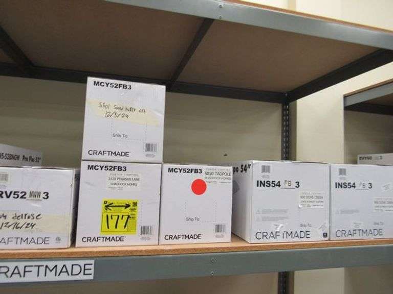 LOT OF (8) CRAFTMADE ASSORTED CEILING FANS, (2) INSPO 54" #INS54FB3, (3) MCCOY 52" #MCY52FB3, (1) SMART PROVISION 52" #PBV52MWW3, (1) PRO PLUS 52" #P52BN5-52BNGW & (1) COLE 44 44" #CLE44FB3, MISSING CONTROL