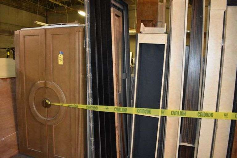 (2) DOOR WOOD ARMOIRE - APPROX. 47" X 29" X 78" WITH ASSORTED WOOD PRODUCTS AS SHOWN