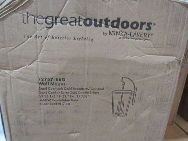 LOT, (1) MINKA-LAVERY WALL MOUNT OUTDOOR LANTERN #72757-66G, (1) CONTEMPORARY LIGHTING PENDANT #E21308-10PC/BUL & (1) DOOR #9728-BN