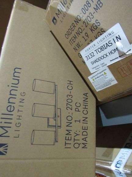 LOT OF APPROX. (10) BOXES MILLENNIUM LIGHTING 9703-CH, 9704-MB, 3493 MB/HBZ, 4112-PBK, 2703-MB, 230001-TBK
