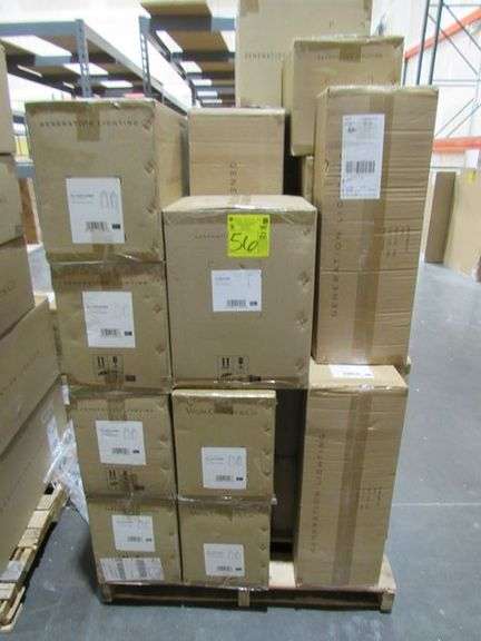 (1) SKID OF APPROX. (23) BOXES OF GENERATION LIGHTING PRODUCTS, SMALL LED PENDANTS #P1442MB-L1, 4-LIGHT VANITIES #VS24704BBS, 1-LIGHT PENDANTS #P14610RB, 3-LIGHT OUTDOOR WALL LANTERN #OL13201ANBZ, LED PENDANTS #P1442SN-L1, ETC.