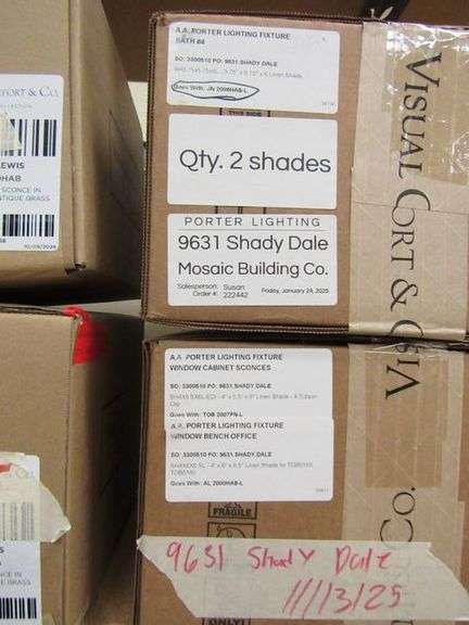 LOT OF APPROX. (8) BOXES OF ASSORTED VISUAL COMFORT PRODUCTS, SHADES, LYNDSIE SMALL SCONCES, PENDANT #MF5181BZ-CG & REPLACEMENT PARTS, ETC.