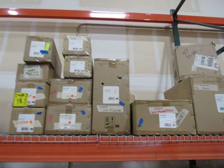 LOT, (13) GENERATION LIGHTING PRODUCTS, (1) LARGE 1-LIGHT OUTDOOR WALL LANTERN #8837401-12, (1) 3-LIGHT FLUSH MOUNT #EF1003MWT, (1) SMALL WALL LANTERN #CO1392NCP, (2) 1-LIGHT WALL SCONCE #EW1061MWT, (2) 1-LIGHT WALL/BATH SCONCE #4114501-112, (2) EXTRA LARGE VANITY #GLV1004CH, ETC.