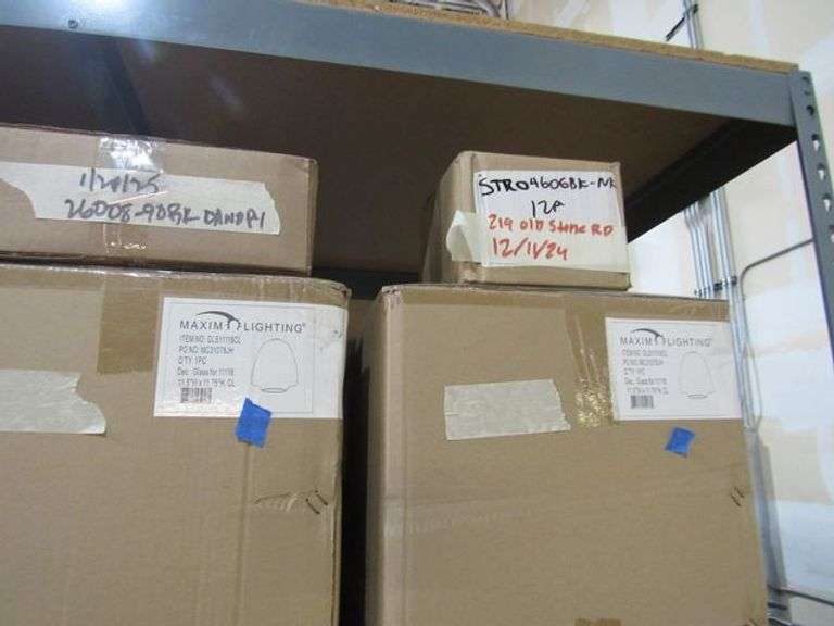LOT OF APPROX. (13) BOXES MAXIM LIGHTING, 60W VANITY, 9" RD FLUSH MOUNT, GIS11116C1 GLOBES, VANITY GLOBES, ASSORTED DOWN RODS