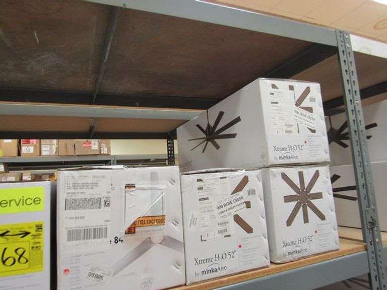 LOT OF (11) MINKA-AIRE ASSORTED CEILING FANS, (3) XTREME H20 52" #F896-52-CL, (1) JAVA XTREME 84" #F754L-CL, (1) KOLA-XL 60" #F689-DBB, (3) SIMPLE 52" #F787-CL, (1) ROTO XL 62" #F624-CL & (1) ORB 54" #F623L-BC/SBR