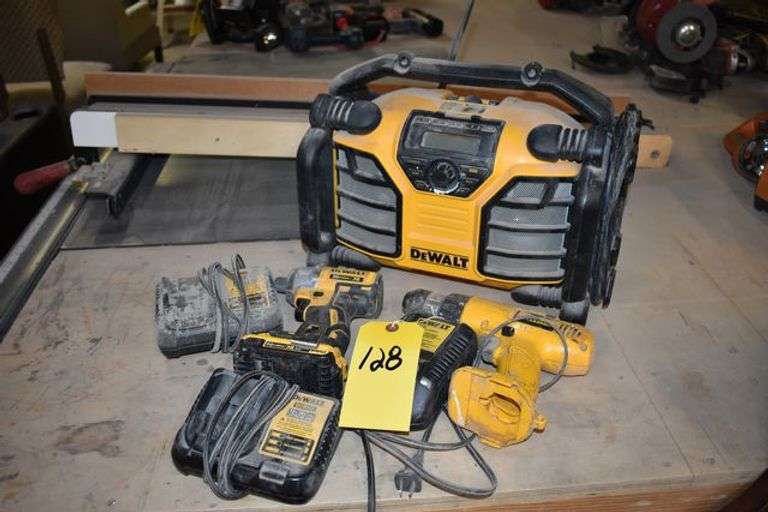 (2) CORDLESS DEWALT DRILLS, (1) DCR015 AC/DC RADIO, (3) CHARGERS AND (1) BATTERY