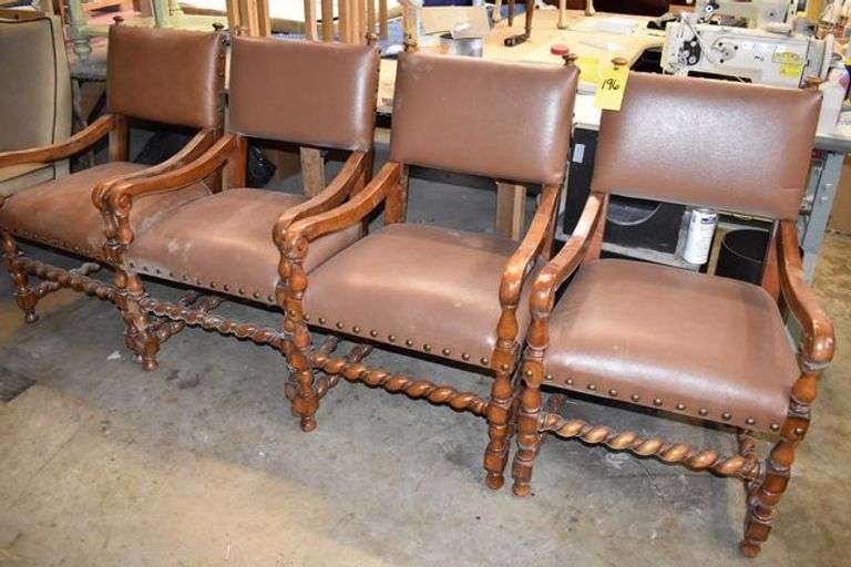 (4) VINYL CHAIRS WITH WOOD FRAME AND LEGS