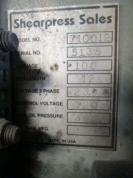 ACCURPRESS PRESS BRAKE MDL. 710012, S/N 5138, 100-TON CAPACITY, 1' BED LENGTH, 230V, 3-PHASE, W/ETS CONTROLS