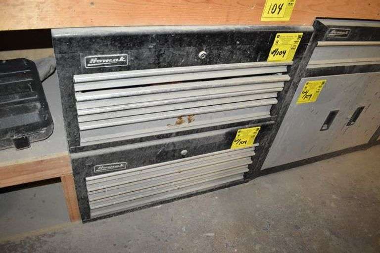 LOT, (1) WOOD WORK BENCH SOLD EMPTY - APPROX. 144" X 18" X 36", (2) HOMAK TOOL CABINETS WITH CONTENTS AND (2) HOMAK TOOL BOXES WITH CONTENTS