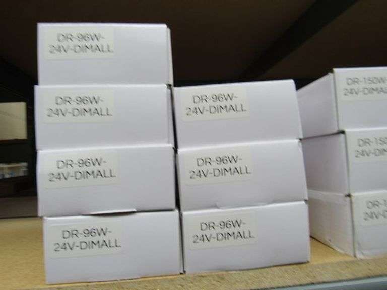CONTENTS OF SHELF, ASSORTED DIMMABLE LED DRIVERS, BULBS, HARDWARE, LED STRIP BULBS, ETC.