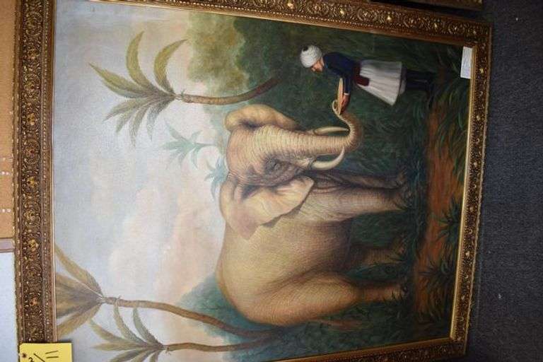FRAMED PRINT ON CANVAS "ELEPHANT TREAT" - APPROX. 47" X 57" (sold 2x the money)