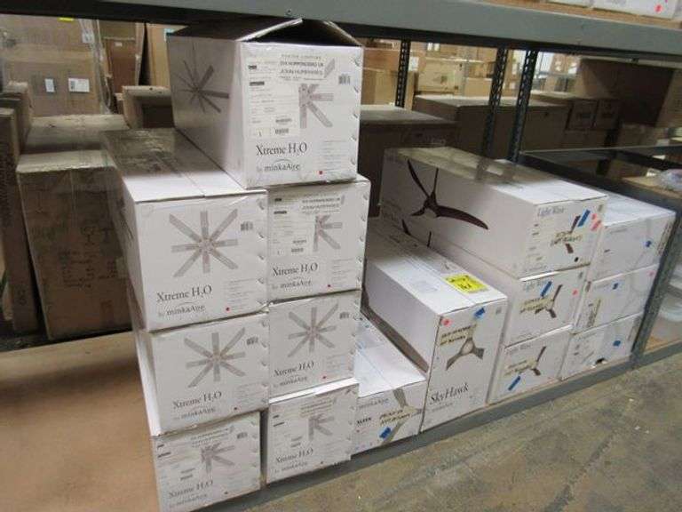 LOT OF (15) MINKA-AIRE ASSORTED CEILING FANS, (7) XTREME H20 65" #F896-65-SI, (3) VEER 56" #F692L-CL, (3) LIGHT WAVE 52" #F844-WH, 56" #F692L-CL, (3) LIGHT WAVE 52" #F844-WH, (1) SKY HAWK 60" #F749L-CL & (1) SLEEK 60" #F868L-CL/CL