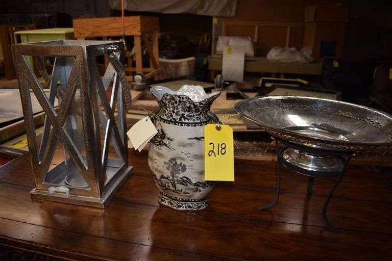 (3) DÉCOR PIECES AS SHOWN INCLUDING LANTERN, PORCELAIN VASE AND DISH WITH BASE