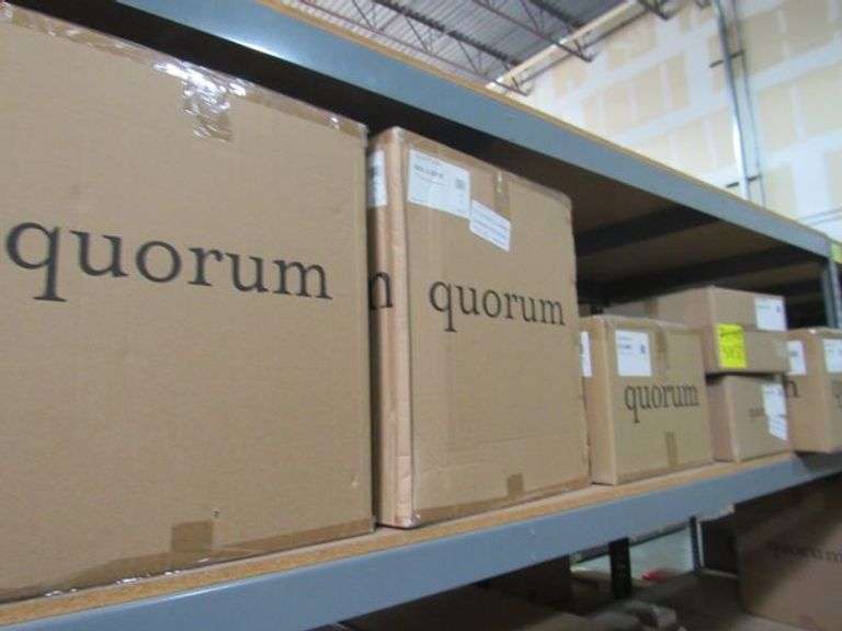 LOT OF APPROX. (6) BOXES, (2) QUORUM 18" 3LT PENDANT-MB-AGB W/AGED BRASS, (1) QUORUM 15" PENDANT MG/AGB W/AGED BRASS, (2) QUORUM TEXTURED BLACK CELESTE 12" CMNT-T&B, (1) QUORUM MATTE BLACK 15" PENDANT MB/AGB W/AGED GLASS