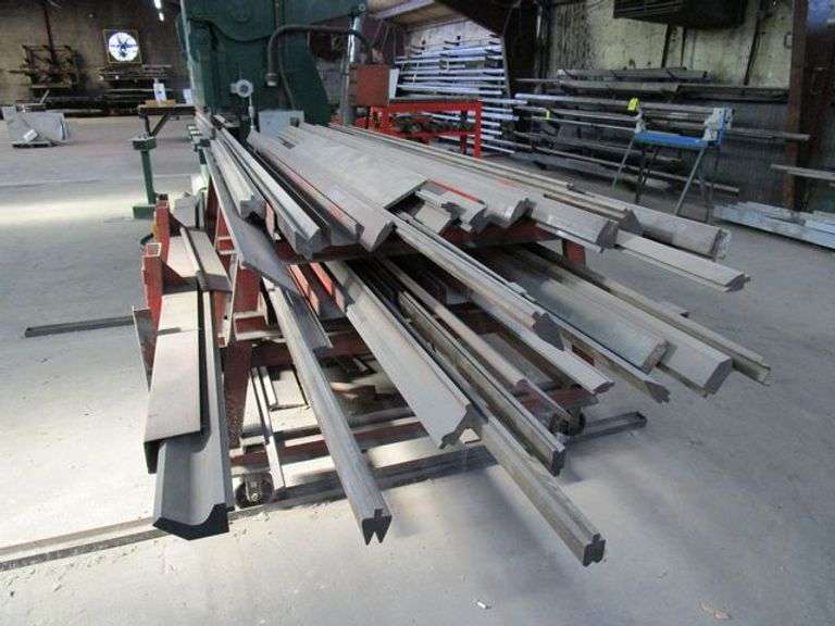 HEAVY DUTY PORTABLE STEEL RACK, W/ASSORTED BRAKE PRESS DIES