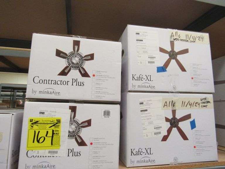 LOT OF (10) MINKA-AIRE ASSORTED CEILING FANS, (2) KAFE-XL #F696-KA, (2) CONTRACTOR PLUS 52" #F556-BN/DW, (1) ROTO XL 62" #F624-WHF, (1) ROTO FLUSH 52" #F644-WHF, (1) SLEEK 60"#F868L-CL/CL, (1) XTREME H20 65" #F896-65 & (1) SWEPT  56" #F543L-CL