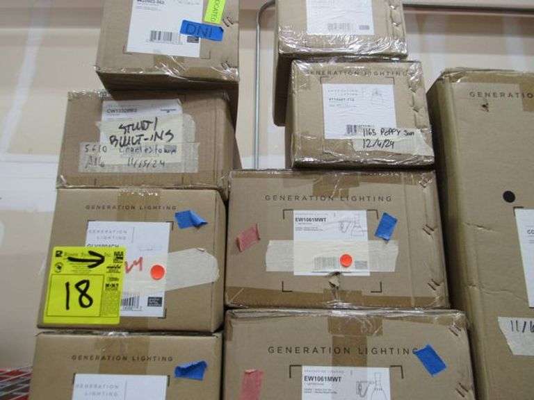 LOT, (13) GENERATION LIGHTING PRODUCTS, (1) LARGE 1-LIGHT OUTDOOR WALL LANTERN #8837401-12, (1) 3-LIGHT FLUSH MOUNT #EF1003MWT, (1) SMALL WALL LANTERN #CO1392NCP, (2) 1-LIGHT WALL SCONCE #EW1061MWT, (2) 1-LIGHT WALL/BATH SCONCE #4114501-112, (2) EXTRA LARGE VANITY #GLV1004CH, ETC.