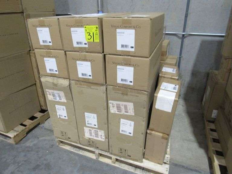 (1) SKID OF APPROX. (20) VISUAL COMFORT/GENERATION LIGHTING PRODUCTS, 4-LIGHT WALL/BATH SCONCES #4439104-962, 9-LIGHT CHANDELIERS #3128909-962, 1-LIGHT CEILING FLUSH MOUNT #75434-962 & 2-LIGHT SWIVEL FLOOD LIGHT #8607-12