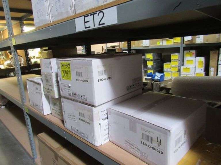 LOT OF (7) BOXES, CONTEMPORARY COLLECTION, E30292-ACPBK INTERLACED 24" OUTDOOR WAL SCONCE, E24753-BKGLD PENDANT, E31240-20BK WALL MOUNT, E24711-144GID VANITY, E24136-PC PENDANT