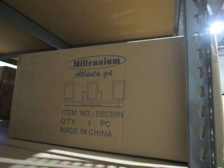 LOT OF APPROX. (10) BOXES : (6) BOXES MILLENNIUM LIGHTING 5503BN VANITY LIGHTS, (1) MILLENNIUM LIGHTING 2003BN, (2) MILLENNIUM LIGHTING 2704-CH, (1) MILLENNIUM LIGHTING 8144MB PENDANT