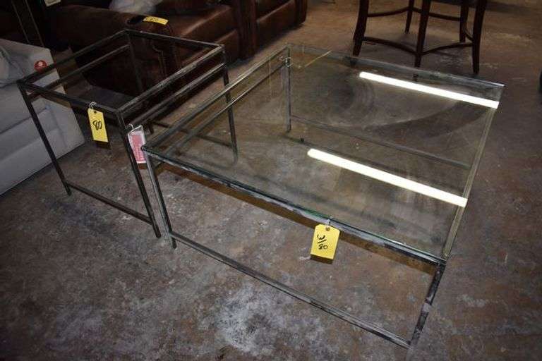 LOT, (1) METAL FRAMED COFFEE TABLE WITH GLASS TOP - APPROX. 42" X 42" X 22" AND (1) METAL FRAMED SIDE TABLE *NO GLASS TOP* - APPROX. 26" X 26" X 26"