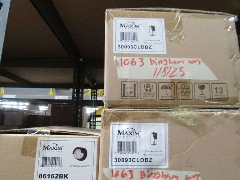 LOT OF APPROX. (8) BOXES: MAXIM LIGHTING, (1) PCB INTEGRATED 8W, Z, E-26 MEDIUM 60W POST LIGHTS, (1) 1094 1.8W LAMP, (1) E26 MEDIUM 60W PENDANT, (2) 3H INTEGRATED 6W VANITY