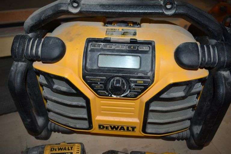 (2) CORDLESS DEWALT DRILLS, (1) DCR015 AC/DC RADIO, (3) CHARGERS AND (1) BATTERY