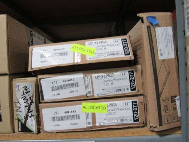 LOT OF APPROX. (28) MISC. BOXES, LUMIVERT 6" LED DISK, VERILITE LED FLUSH 7" SURFACE WRAP AROUND LED 2', 7" LED VERSI LITE, HOMENHANCE FLOOD 226-BK LOW/LED 3000K, ELONGATED SCONCES, (1) LIGHT MATTE BLACK OUTDOOR, FAN LIGHT KIT MDL. K9886L, LED PUCK LIGHT, LED CONSTANT VOLTAGE DRIVER, ETC.