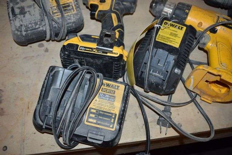 (2) CORDLESS DEWALT DRILLS, (1) DCR015 AC/DC RADIO, (3) CHARGERS AND (1) BATTERY