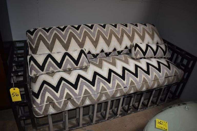 FABRIC UPHOLSTERED SOFA WITH METAL FRAME AND (2) THROW PILLOWS