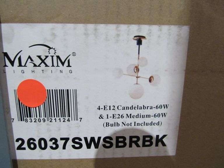 LOT OF (5) BOXES, (1) MAXIM 4-E12 CANDELABRA, (1) 478-7BRZ-OBR CANDELABRA, (2) 820P24-GLASS FLUSH MOUNT, (1) 1947-38-MGLD MODERN GOLD CANDELABRA