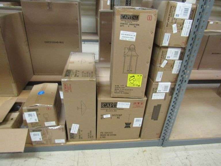 LOT OF APPROX. (9) BOXES OF ASSORTED CAPITAL PRODUCTS, LIGHT PENDANTS #341211NP, PENDANT #349841MA, PENDANT #355443RE, WALL MOUNT LIGHTS, ETC.