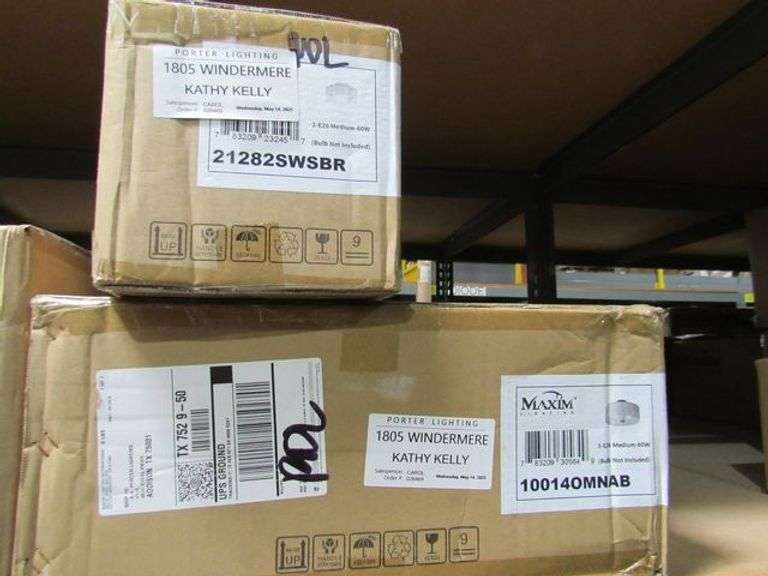 LOT OF APPROX. ( 4) BOXES: MAXIM 3-E26 MEDIUM 60W CEILING MOUNT, 2-E26 MEDIUM 60W CEILING MOUNT, 3-EIZ CANDELABRA 60W, 3-E26 MEDIUM 60W VANITY