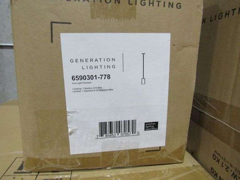 (1) SKID OF APPROX. (32) ASSORTED GENERATION LIGHTING PRODUCTS, LIGHT PENDANTS, FLUSH MOUNT CEILING LIGHTS, OUTDOOR WALL MOUNT LIGHTS, 4-LIGHT WALL/VATH VANITIES, 3-LIGHT VANITIES, 1-LIGHT PENDANTS, ETC.
