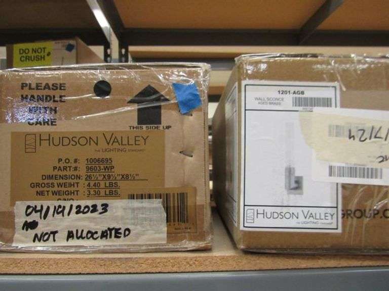 LOT OF APPROX. (8) BOXES OF ASSORTED HUDSON VALLEY PRODUCTS, (2) WALL SCONCES #H16011-AGB, (2) WALL SCONCES #960-AGB, (1) BATH BRACKET $9204-AGB, (1) PENDANT $9613-GL/BLK, (1) WALL SCONCE #1201-ABG & (1) LABRA #9603-WP