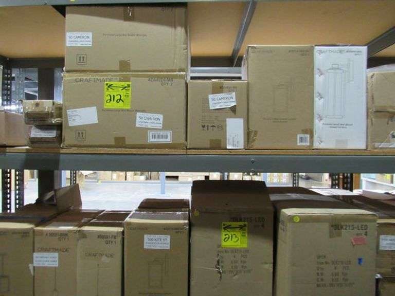 LOT OF APPROX. ( 11) BOXES, CRAFTMADE PYRMONT SMALL WALL MOUNT, CRAFTMADE LIGHTING #41554-CH, RIVIERA MED OUTDOOR LANTERN, CRAFTMADE PERIMETER LARGE WALL MOUNT, 2.50 CAMERON PERIMETER LARGE WALL MOUNT  MIDNIGHT, (2) RENS OUTDOOR LANTERNS LED, (2) CRAFTMADE STOWE 2-IGHT VANITY