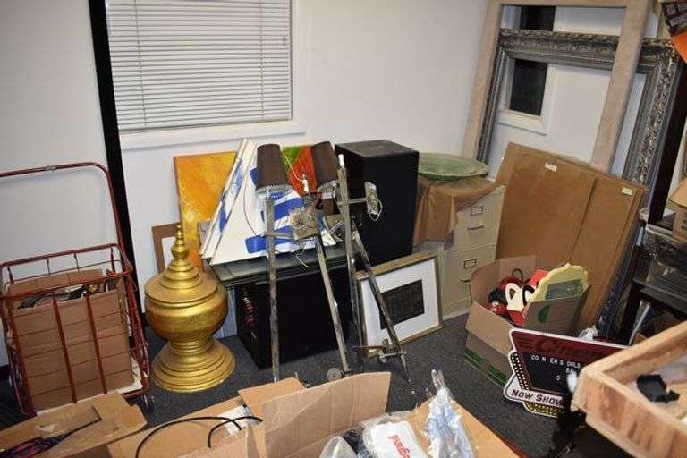 CONTENTS OF ROOM INCLUDING MONITORS, DÉCOR, VIDEO SCREEN, PORTABLE CABINET AND FRAMES