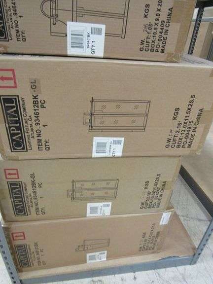 LOT OF APPROX. (35) BOXES OF ASSORTED LIGHTING PRODUCTS, LIGHT PENDANTS, LANTERNS, 3-LIGHT SCONCES, 4-LIGHT WALL/BATH SCONCES, WALL LIGHTS, OUTDOOR LANTERNS, GLASS INSERTS, PARTS, ETC.
