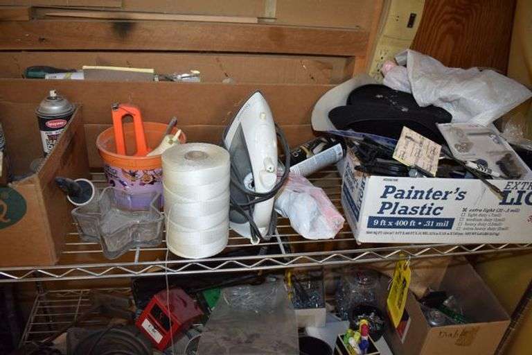 ASSORTED FURNITURE AND MORE AS SHOWN INCLUDING (3) CHAIRS, (1) STOOL, (1) BENCH SEAT AND WIRE RACK WITH CONTENTS AS SHOWN