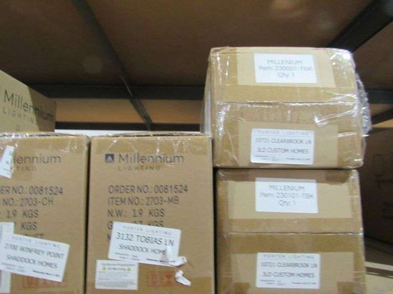 LOT OF APPROX. (10) BOXES MILLENNIUM LIGHTING 9703-CH, 9704-MB, 3493 MB/HBZ, 4112-PBK, 2703-MB, 230001-TBK