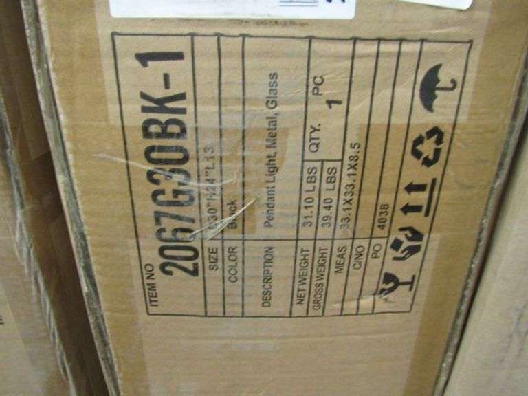 LOT OF (6) BOXES OF ASSORTED HUDSON VALLEY PRODUCTS, (1) METAL FRAME MIRROR #MR2A3040BRS, (1) CHANDELIER #8908G53C, (1) PENDANT LIGHT #2067G30BK-1, HENSON PENDANT LIGHT #LD7039D36BRB, (1)MONROE HANGING LED PENDANT #3503D42C & (1) MAXIME CHROME CHANDELIER #2038D26C