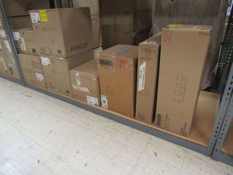 LOT OF APPROX. (8) BOXES OF ASSORTED LIGHTING PRODUCTS, 4-LIGHT WALL/BATH #119341AD-674, (4) LIGHT PENDANTS, (2) LANTERNS & (1) GLASS GLOBE