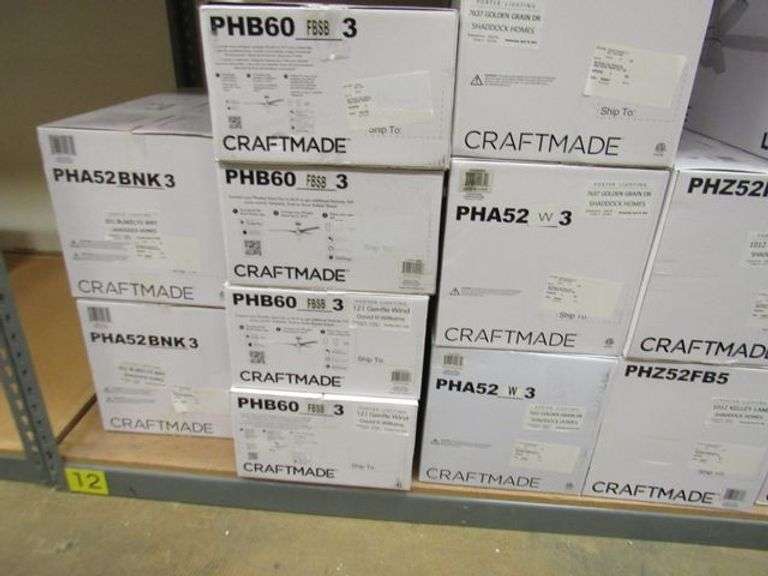 LOT OF (14) CRAFTMADE ASSORTED CEILING FANS, (5) PHAZE 5 52" #PHZ52FB5, (3) PHAZE 3 52" #PHA52W3, (4) SMART PHOEBE 60" #PHB60FBSB3 & (2) PHAZE 3 52" #PHA52BNK3