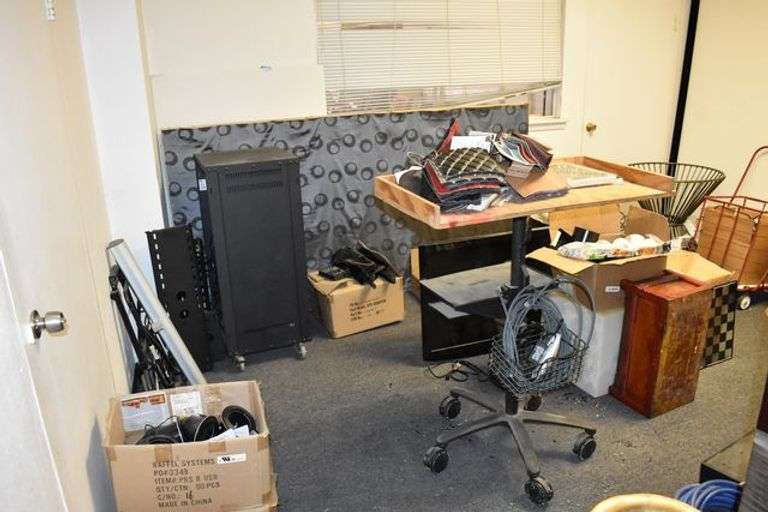 CONTENTS OF ROOM INCLUDING MONITORS, DÉCOR, VIDEO SCREEN, PORTABLE CABINET AND FRAMES